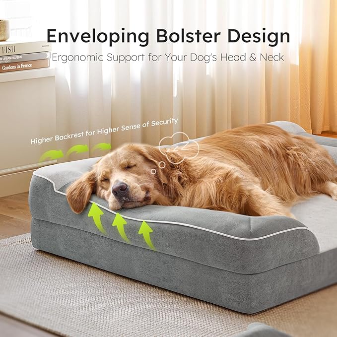 Dog Beds for Large Dogs, Orthopedic Dog Bed with Cooling Gel Memory Foam, Waterproof Large Pet Bed with Removable Washable Cover, 36" Pet Sofa Couch Dutch Velvet with Bone Toy, Light Gray
