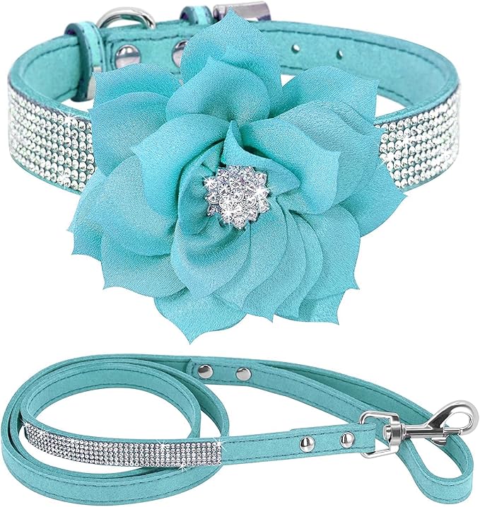 Cute Dazzling Sparkling Elegant Fancy Soft Suede Leather Bling Rhinestone Crystal Jeweled Pet Cat Dog Puppy Collar Dog Leash Combo Set (Blue7, L)