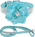 Cute Dazzling Sparkling Elegant Fancy Soft Suede Leather Bling Rhinestone Crystal Jeweled Pet Cat Dog Puppy Collar Dog Leash Combo Set (L(Neck 15-18"), Blue-6)