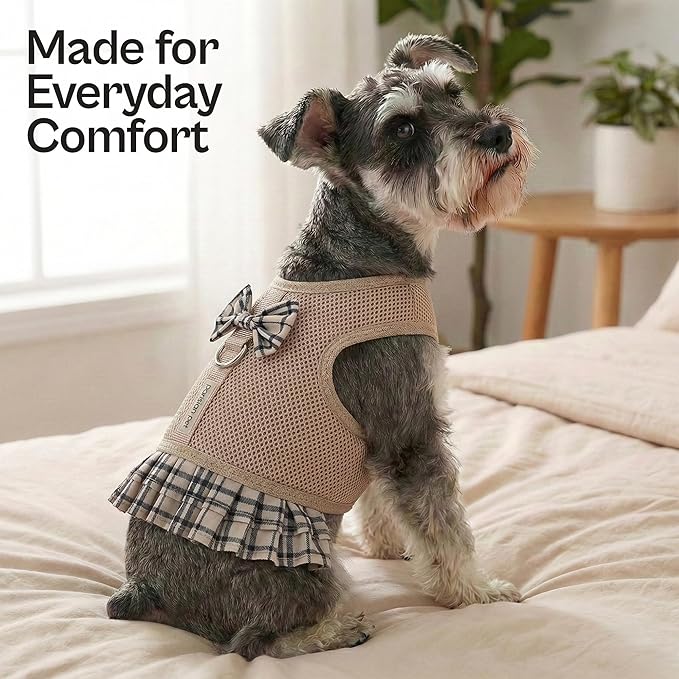 Parisian Pet Plaid Khaki Dog Harness Dress - Breathable No Pull Puppy Dress with Leash Ring - 100% Mesh Fabric Harnesses for Dogs - Soft Padded Step in Pet Vest - Dog Harness for Large Sized Dogs