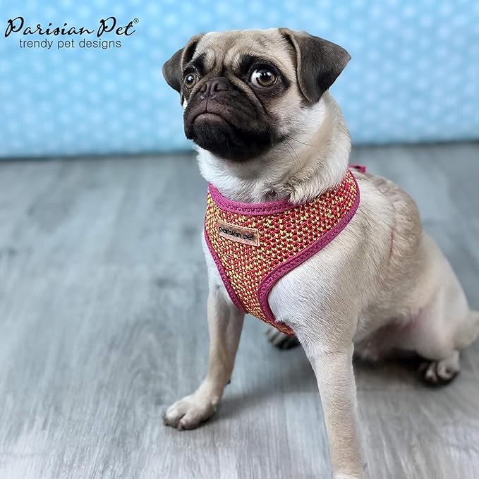 Parisian Pet Girl Dog Harness - Breathable Mesh Pink Yellow No Pull Puppy Harness with Leash Ring - Adjustable Harnesses for Dogs - Soft Step-in Pet Vest - Lightweight Dog Vests for Small Sized Dogs