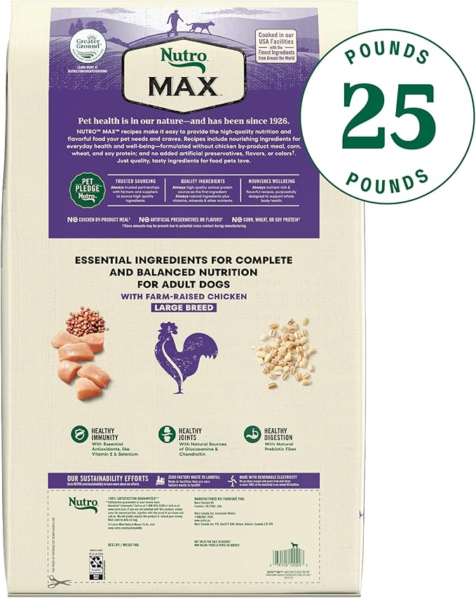 Nutro Max Dry Dog Food, Adult Dog Food Dry Recipe for Large Breeds with Farm-Raised Chicken, 25 lb. Bag