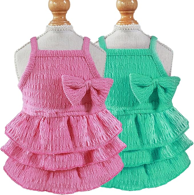 2 Pieces Dog Dress for Small Dogs Girl,Puppy Sleeveless Clothes Pet Pullover Vest Skirt,Cute Bow Tiered Cake Dress Pet Dog Shirt Breathable Outfits for Small Dogs Puppy Cats Girl Apparel