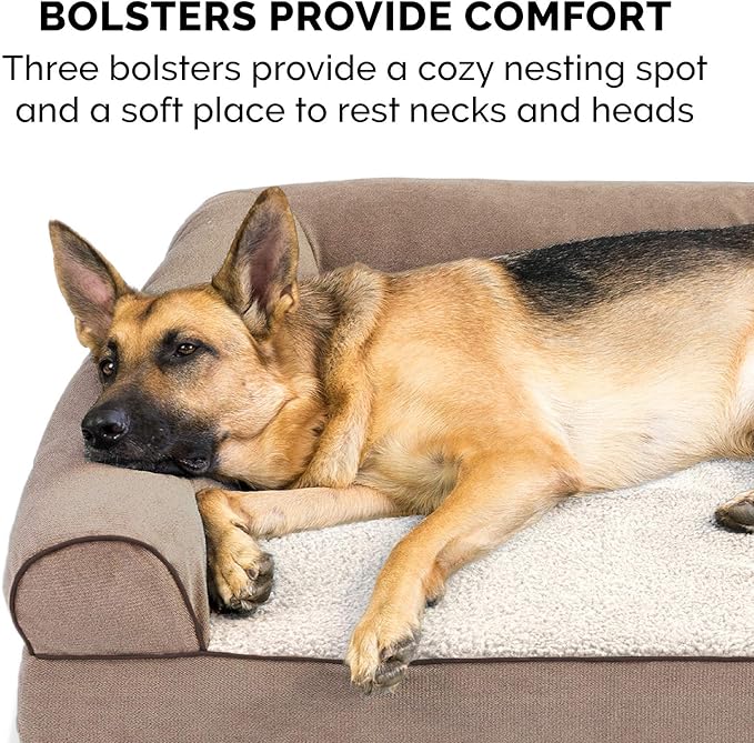 Furhaven Memory Foam Dog Bed for Medium/Small Dogs w/ Removable Bolsters & Washable Cover, For Dogs Up to 35 lbs - Sherpa & Chenille Sofa - Cream, Medium