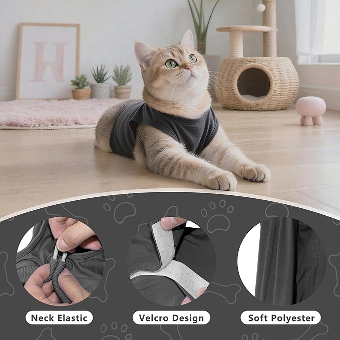 Cat Recovery Suit Anti Licking, Cat Surgery Recovery Suit Female Cats Kitten Onesie After Spay, Cone of Shame Alternative, Post- Surgery Kitten Surgical Clothes for Abdominal Wounds(Grey,S)