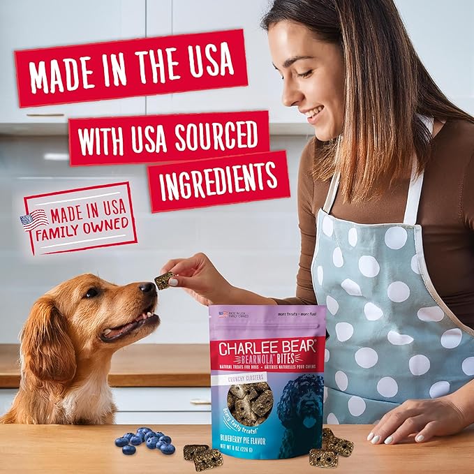 Charlee Bear Bearnola Bites Crunchy Dog Treats, Blueberry Pie, 8 Ounce Resealable Bag, Limited Ingredient, Natural, Healthy Granola Dog Snacks, Made in USA