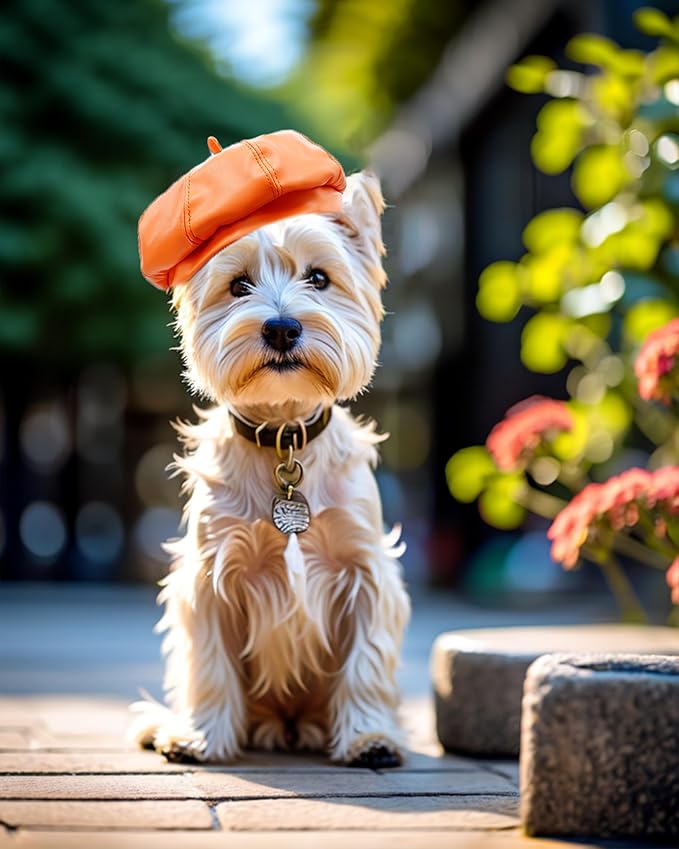 PET SHOW Dog Beret Hat for Small Dogs Cats Party Holiday Headband Cap French Leather Berets with Adjustable Chin Strap Cute Fashion Puppy Hats Pets Costumes Accessories(Orange,S)