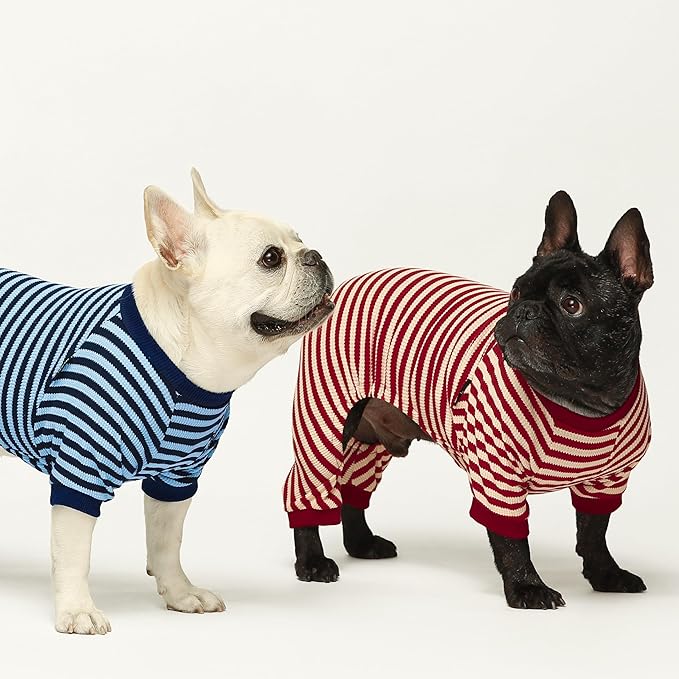 Fitwarm Blue and White Striped Dog Pajamas, Waffle Dog Clothes for Small Dogs Girl Boy, Puppy Onesie with Feet, Pet Cat Outfit, XXL