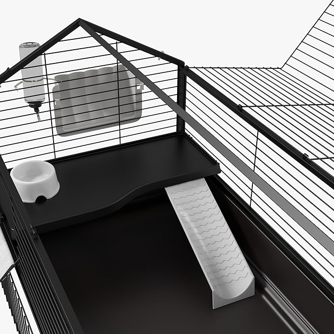 PawHut Small Animal Cage with Foldable Run Area, Rolling Bunny Cage, Guinea Pig Cage with Water Bottle, Water Bowl, and Ramps, 46.5"