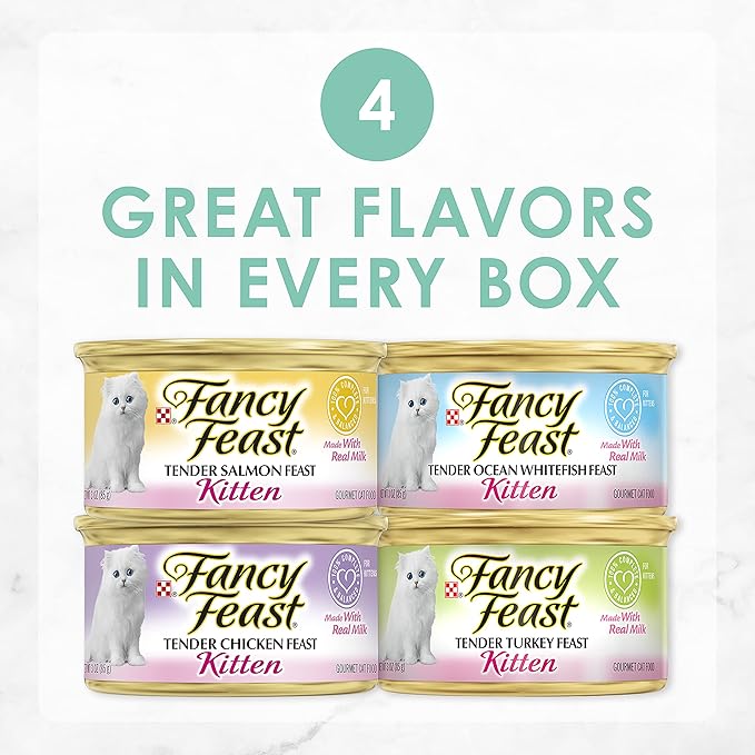 Purina Fancy Feast Tender Ocean Whitefish, Turkey, Chicken and Salmon Feasts Wet Kitten Food Variety Pack - (Pack of 24) 3 oz. Boxes