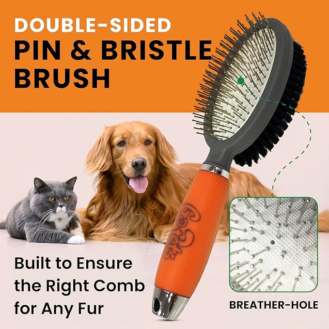 GoPets Double-Sided Pin & Bristle Brush, Dog & Cat Grooming Brush for Detangling, Shedding Control, Fur & Dirt Removal, Smooth & Efficient Pet Grooming for Healthy Coat, Comfortable Ergonomic Handle