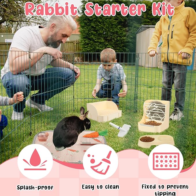 Honeydak 10 Pcs Rabbit Starter Kit Small Litter Box Bunny Grooming Kit Scratch Pads Hay Feeder Bowl Ice Pad with Bunny Toys for Guinea Pig Rabbit Accessories(Beige)