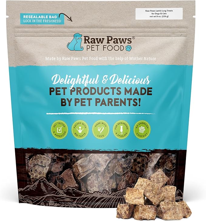 Raw Paws Lamb Lung Treats for Dogs (8-Ounce) - Packed in USA - Free Range Dehydrated Lamb for Dogs - Crunchy Natural Bites - Dog Treat Training Lung Filets