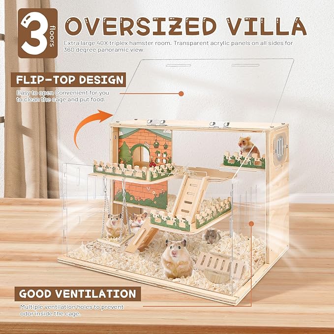 Wooden Hamster Cage Large, 16-Inch 3-Layer Acrylic Hamster Cage, Small Animal Cages with Platform and Playpen for Direct Observation, Pet Supplies