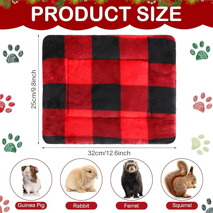Haull 4 Pcs Waterproof Guinea Pig Bedding Guinea Pig Bed Plush Cage Liners Soft Rabbit Dog Crate Pad Cat Mat Reversible Cozy Animal Pee Pad Hamster Bunny Mat Accessory(Christmas Plaid,13 x 10 Inch)