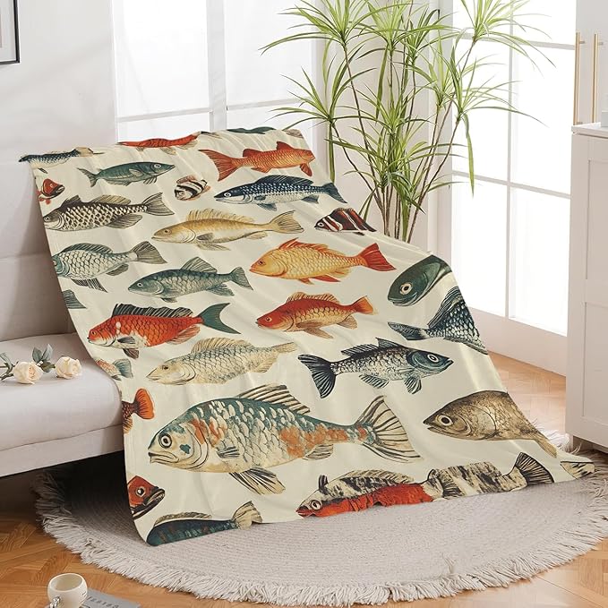 Fish Throw Blanket Fish Gifts for Kids Girls Boys Adults Women Men Soft Cozy Warm Plush Fluffy Fuzzy Fleece Blanket Birthday Festival Decor 50''X60''