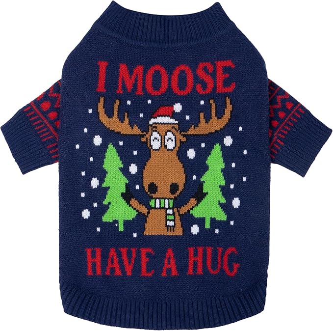 Fitwarm Funny Moose Dog Ugly Christmas Sweater, Winter Dog Clothes for Small Dogs Girl Boy, Pet Xmas Outfit, Navy, XL