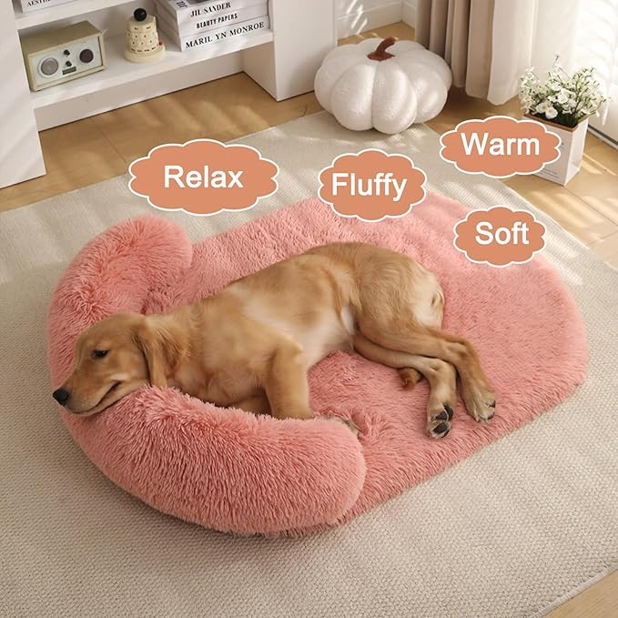 Calming Dog Beds for Medium Large Dogs, Orthopedic Cushion Plush Dogs Lounge Couch Sofa with Washable Removable Cover, Anti-Anxiety Soft Faux Fur Fits up to 40 lbs Pets (Oval, Blush 32"x24")