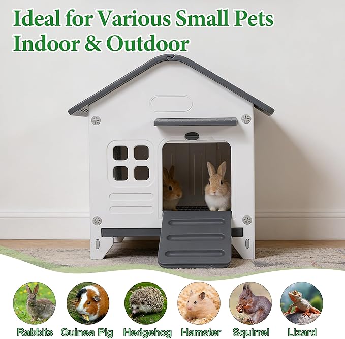Rabbit Hutch Outdoor Indoor Plastic Waterproof Bunny Cage Enclosure Chew-Proof Rabbit House Guinea Pig Cage Pet House for Small Animals,One Room-Sloping Roof