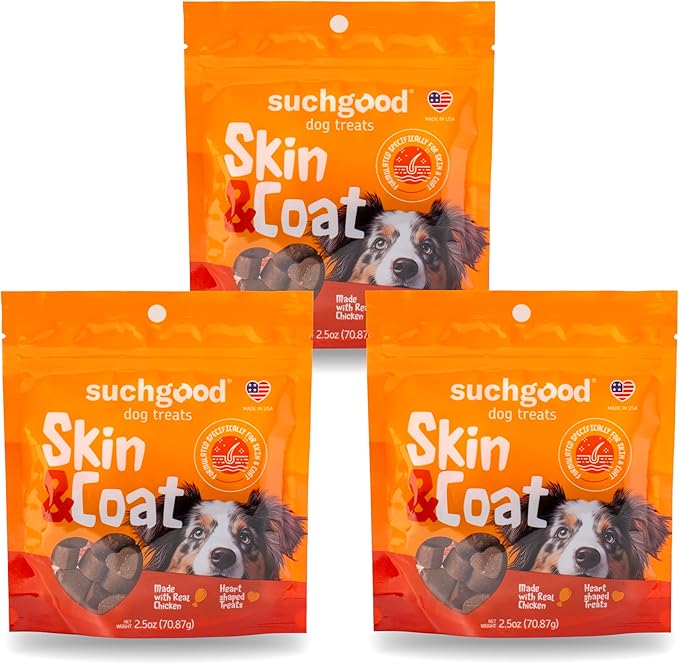 SuchGood Skin and Coat Dog Treats - 105 Count Advanced Omega Skin and Coat Support Chews for All Breed Sizes, Premium Salmon and Flaxseed Oil for Dogs - (Chicken Flavor, 3 Pack)