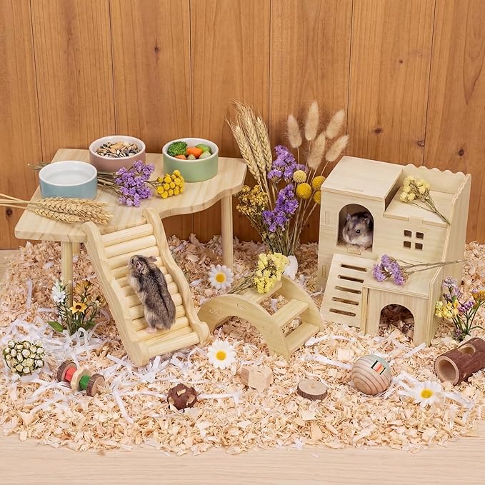 BreezeHug 4 Pcs Hamster Platform Hideout Wooden Tunnel Ladder Playhouse Hamster Game Climbing Toy with Platform Cage Accessories for Small Pets Dwarf Syrian Mice Degus Gerbils Squirrel(Villa)
