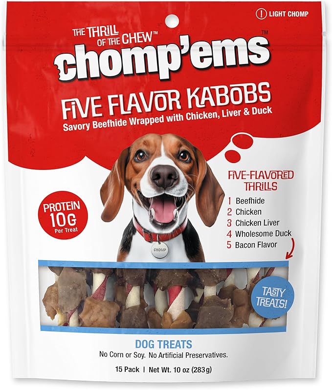 CHOMP 'EMS Five Flavor Kabobs Dog Treats - Beefhide Chewstick - High Protein Dog Chews, 15 Count