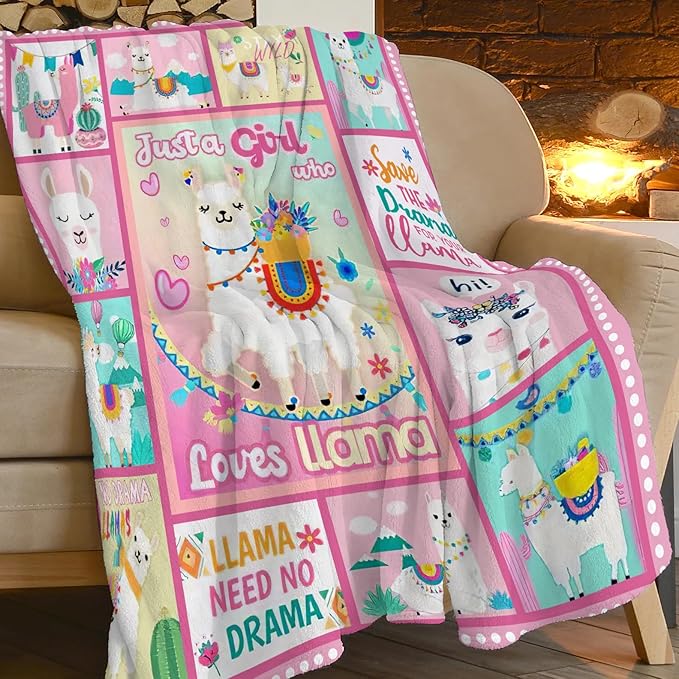 SweetFox Just A Girl Who Loves Llama Blanket, Alpaca Decor Throw Blanket Gifts for Girls Boys Lovers Super Warm Soft Plush Fleece Flannel Winter Bedding Blankets for Kids Adults Men Women 50"X40"