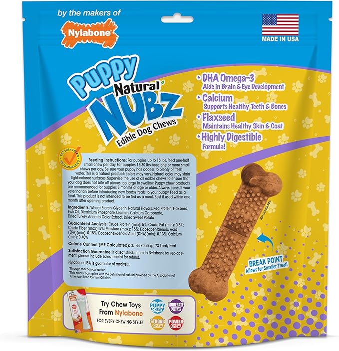 Nylabone Nubz Natural Dog Chew Treats for Puppies, Long Lasting Dog Bones Made in USA, Puppy Training Treats, Turkey & Sweet Potato Flavor, for Puppies Up to 25 lbs. (28 Count)