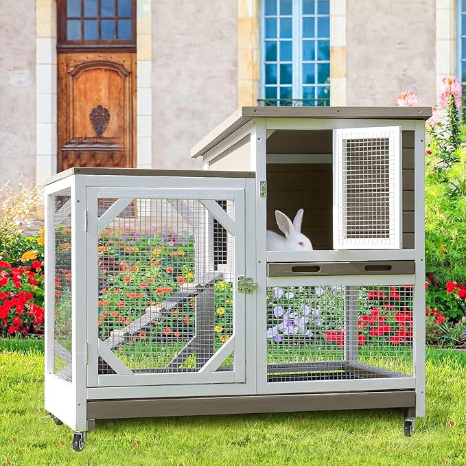 Indoor Rabbit Hutch Large Rabbit Cage, Outdoor Bunny Hutch Guinea Pig Cage - 4 Casters Include (Mocca Color Without Bottom Wire Mesh)