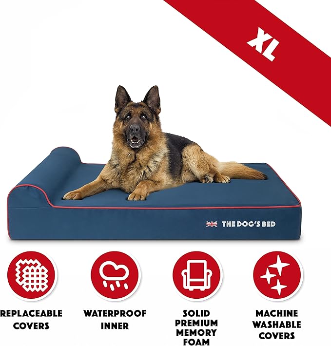 The Dog’s Bed Orthopedic Memory Foam Dog Bed with Headrest, Calming Surface – CertiPUR-Certified Foam, Oxford Fabric, Blue with Red Trim UK Flag, XL, 6-Inch