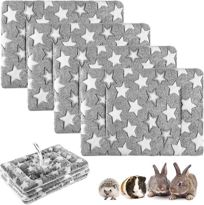 Haull 4 Pcs Waterproof Guinea Pig Bedding Guinea Pig Bed Plush Cage Liners Soft Rabbit Dog Crate Pad Cat Mat Reversible Cozy Animal Pee Pad Hamster Bunny Mat Accessory(Gray Star,13 x 10 Inch)