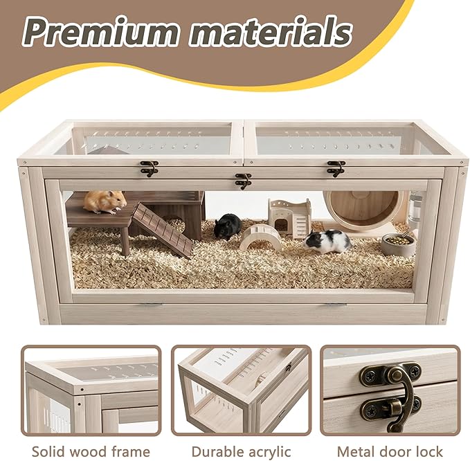 Wooden Hamster Cage with Small House and Bridge, Small Animal Habitat with Lockable Design, Openable Top and Front Doors for Gerbil, Guinea Pig, Rat, 38" L x 16" W x 16" H, Natural Wood Color