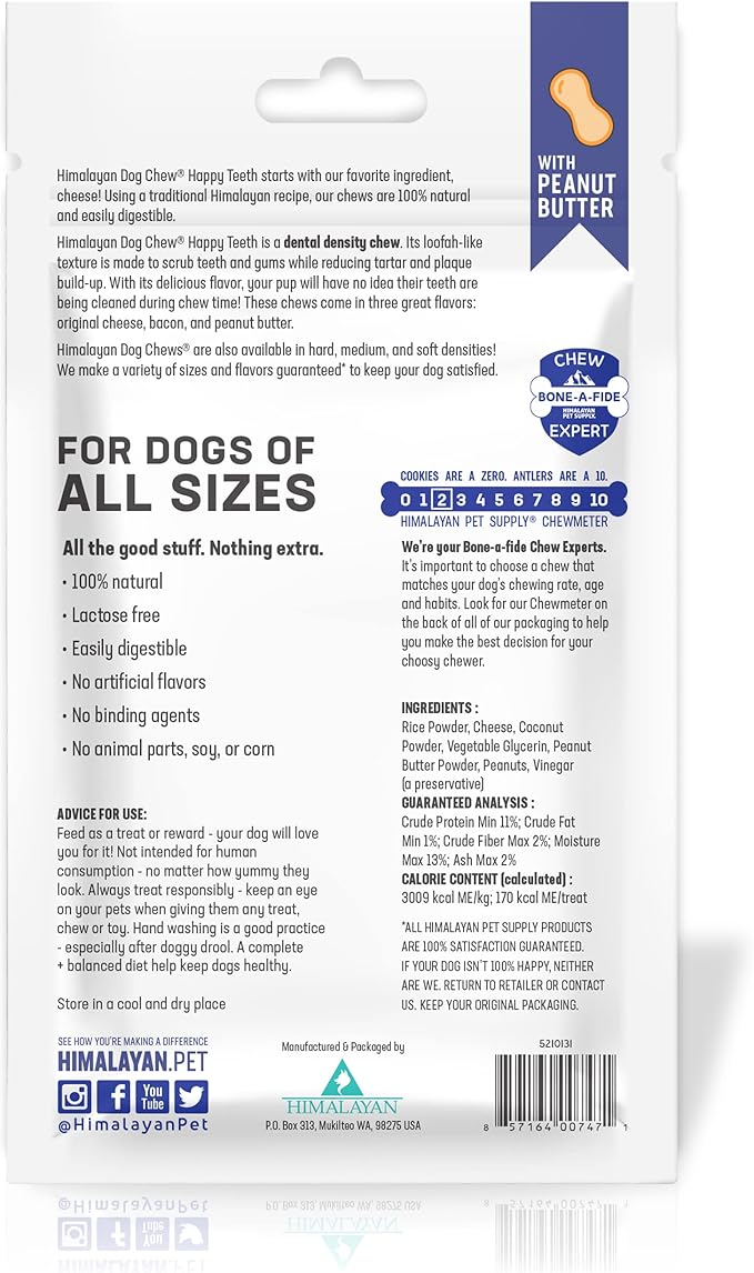 Happy Teeth Natural Cheese Dog Chews | Peanut Butter Flavor | Dental Chew | Protein Rich | Gluten Free - Lactose Free - Wheat Free - Soy Free | 2 Happy Teeth Chews per Resealable Pouch (Pack of 2)