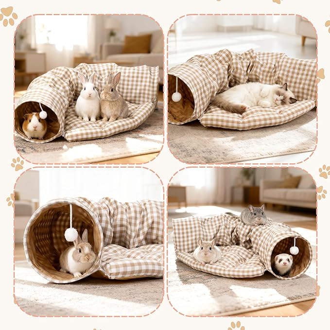 Bunny Tunnel Bed, 2-in-1 Collapsible Tunnel Tubes with Removable Cushion Bed, Cozy Bunny Hideout Rabbit Tunnel Tube Toys for Cats Kittens Rabbits Small Animals