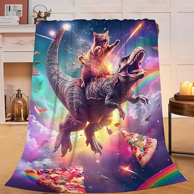 Funny Dinosaur and Cat Blanket Universe Rainbow Pizza Dino Cat Throw Blanket Gifts for Girls Women Kids Adults Super Soft Cozy Plush Fluffy Fuzzy Fleece Blanket Home Decor 50''X60''