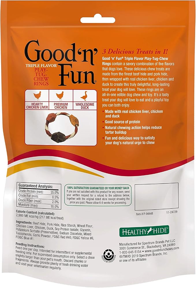 Good'n'Fun Good ’n’ Fun Triple Flavor Play-Tug-Chew Rings 4 Count, Snack for All Dogs (1 case of 12 Individual Packs)
