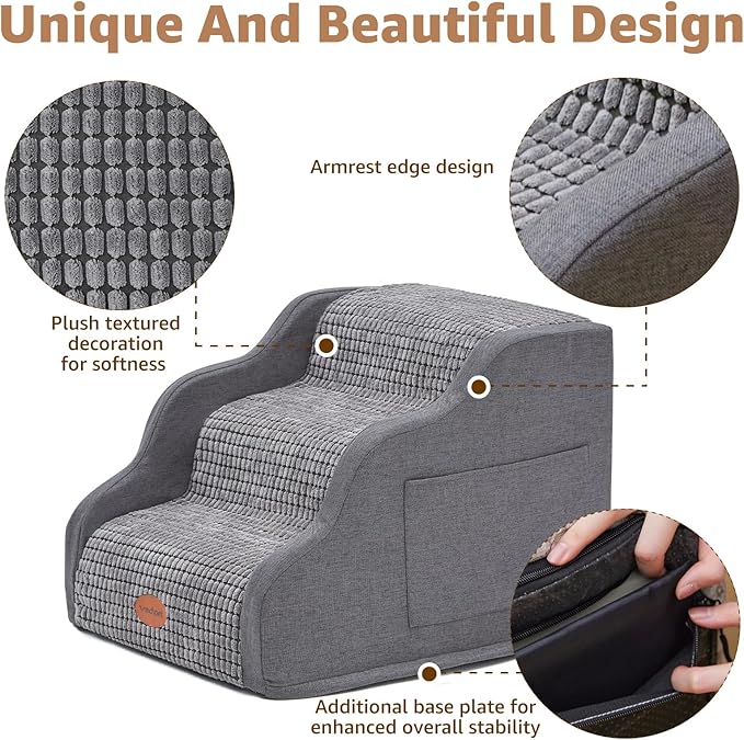 Woochpet 15.7”H Ramp Dog Stairs for Small Dogs, Side Armrest 3 Tier Wider Curved Pet Stairs for Couch and Beds，High-Density Foam Indoor Dog Steps with Non-Slip Bottom and Washable Cover for Old Cats