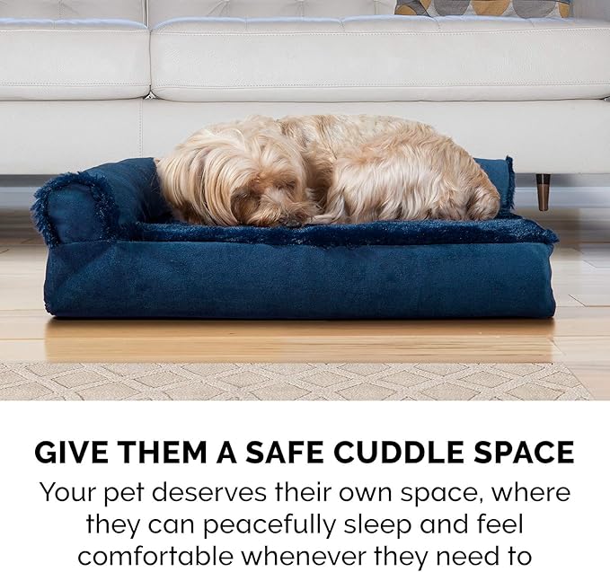 Furhaven Plush & Velvet L-Shaped Chaise Memory Foam Dog Bed - Deep Sapphire, Small