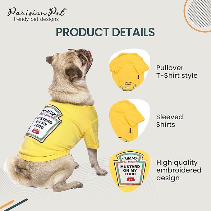 Parisian Pet Dog Costume - 100% Cotton Yellow Dog Clothes for Medium Dogs - Lightweight Puppy Outfits - Funny Schitzu Clothes - Sleeved Mustard Shirt for Dogs - Stretchy and Stylish Pet Costume