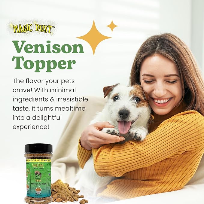 Wild Meadow Farms - Dust Venison Jerky Topper, Single Protein Pet Food Topper for Dogs & Cats, Flavor & Elevate Mealtime Excitement for Picky Eaters - 8 Ounce Bottle in Venison Flavor