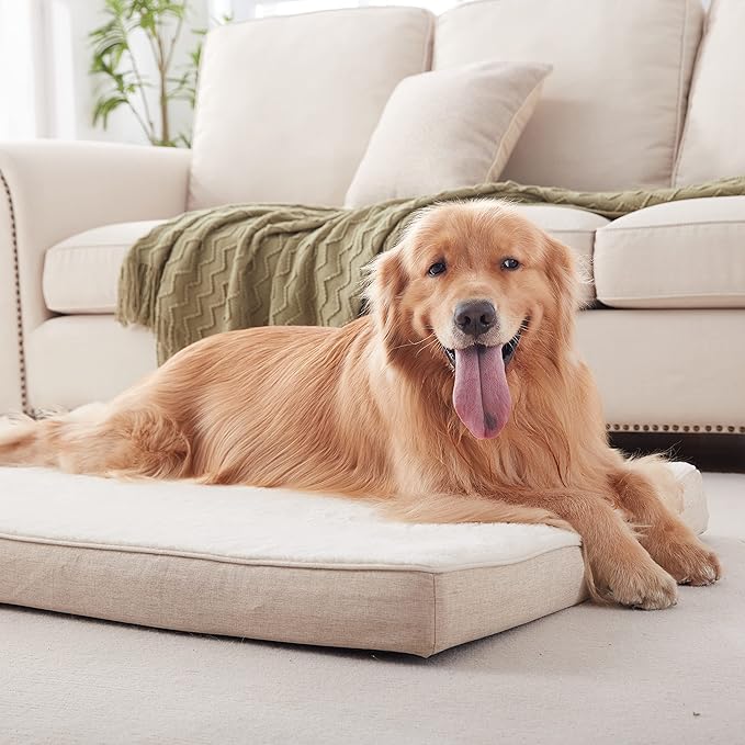 WATANIYA PET Extra Large Dog Bed, Cooling Dog Beds for Large Dogs, Washable Orthopedic Pet Bed for Crate with Joint Relief Memory Foam, Waterproof Liner and Plush Cover (41"x 29", Beige)