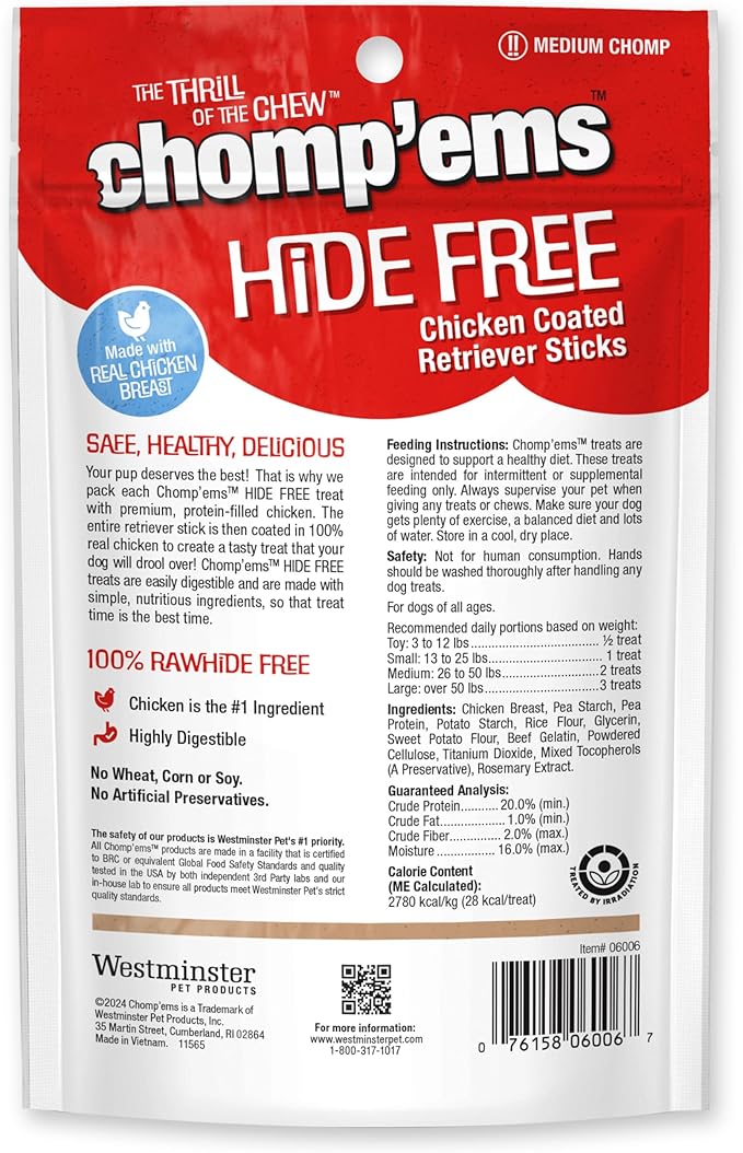 CHOMP 'EMS Chicken Hide Free Dog Chews - Rawhide Free Dog Treats - No Hide Alternative Chew Treat for All Life Stages, Stick, 5in, 10 Count