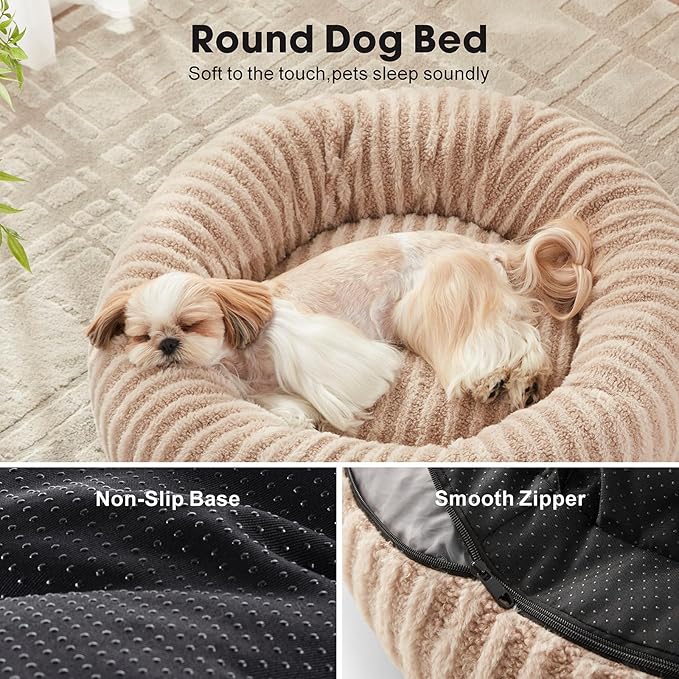 MIXJOY Dog Beds for Small Dogs Cats, Washable Small Dog Bed with Removable Cover, Donut Cat Bed for Indoor Cats, Calming Fluffy Round Pet Beds with Anti Slip Bottom, Cute Puppy Beds, 23"x23"x8", Beige