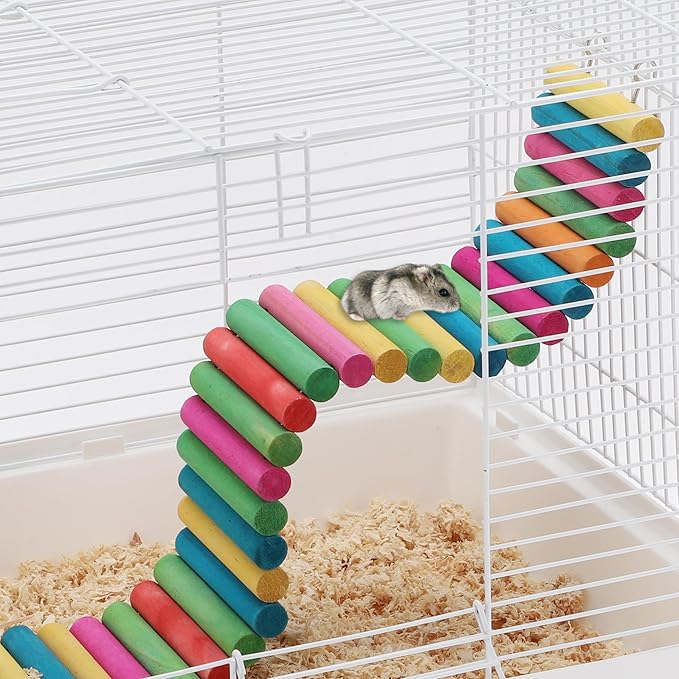 Hamster Bridge, Flexible Bendy Climbing Ladder, Hanging Wooden Hamster Stairs for Small Animals, 15.75" L x 3.15" W, Rainbow Color