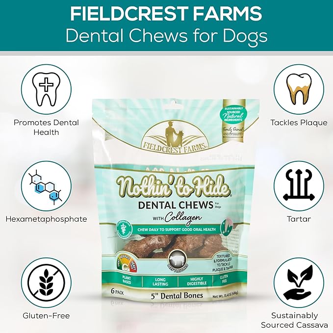 Fieldcrest Farms Nothin’ to Hide Dental Chews with Collagen – 3" Beef‑Flavor Bones, 12‑Pack