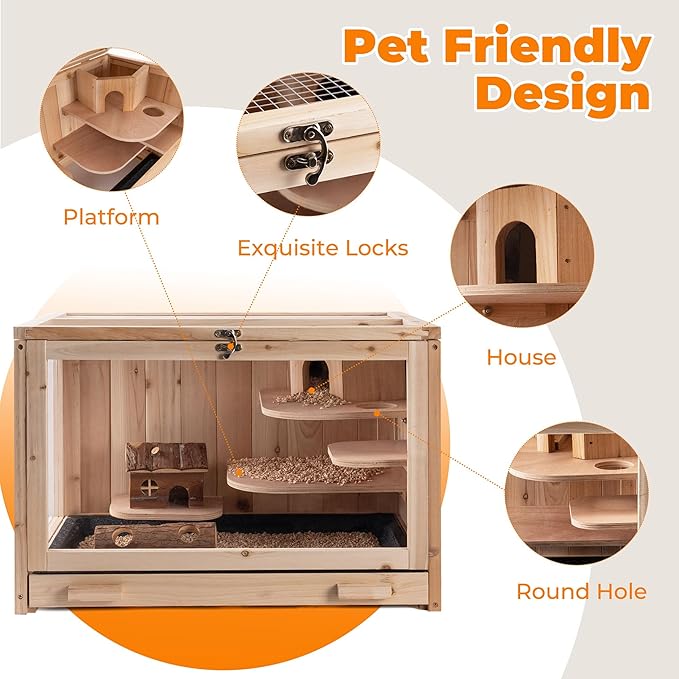 RUNSHED Hamster Cage Wooden Chew Proof, Large Hamster Cages and Habitats, Openable Top with Acrylic Sheets, Solid Built Small Animal Cage,Easy to Assemble