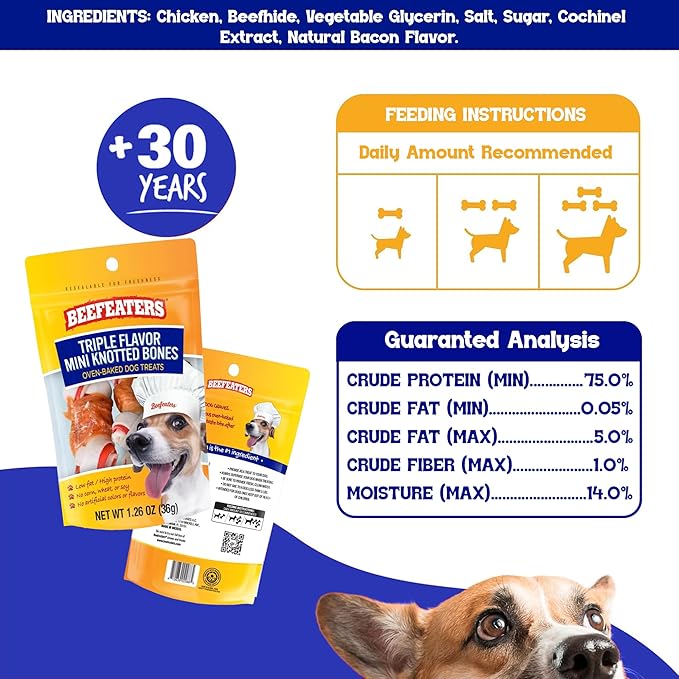 Beefeaters Triple Flavor Mini Knotted Bones Treats 1.26oz (Pack of 12) – High Protein Dog Chew Bones, Real Chicken Recipe, No Artificial Additives, Ideal for Training, Small Bones for Puppies & Dogs
