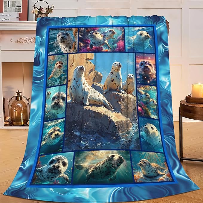 Seal Throw Blanket Ocean Seal Stuff Gifts for Kids Girls Boys Adults Women Men Soft Cozy Warm Plush Fluffy Fuzzy Fleece Blanket Decor 40''X50''
