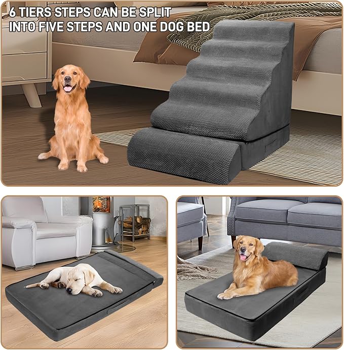 Dog Stairs for High Beds 30-36 inches Tall, 6-Step Pet Stairs/Steps for High Bed 32-36 inches for Small Large Dogs, Foam Dog Steps for Beds for Old Dogs/Cats, Dark Grey