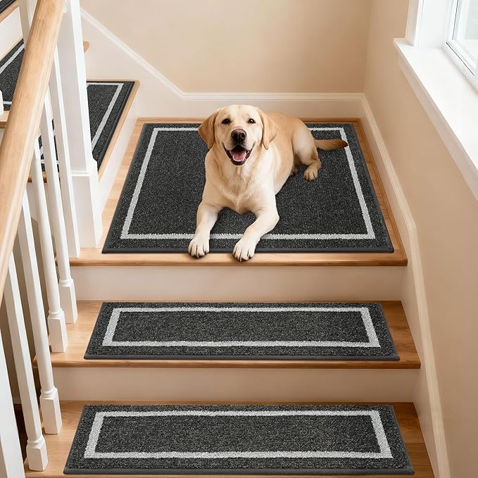 COSY HOMEER Stair Landing Rug 30x30 Inch, Non-Slip Square Landing Mat for Wood Steps Indoor, Washable Polyester with TPE Backing, Black